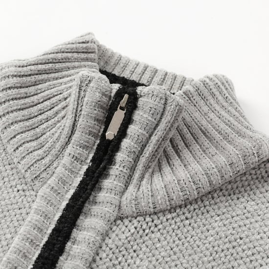 Men's Cardigan with Zip and Stand-Up Collar, Lined Chunky Knit Pullover Light Grey - Image 5