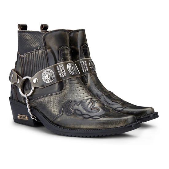 Mens Olive Snakeskin Winklepicker Cowboy Leather Ankle Boots