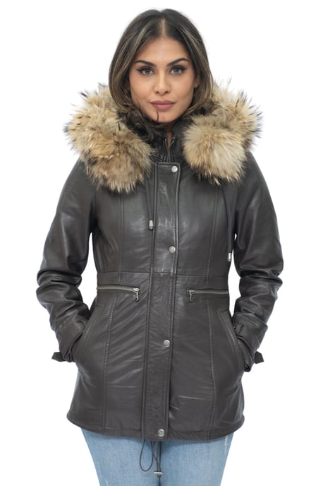 Womens Leather Hooded Parka Jacket-Putian