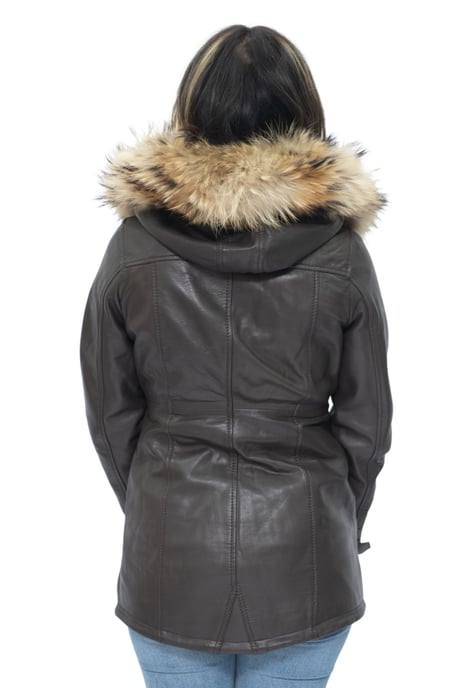 Womens Leather Hooded Parka Jacket-Putian