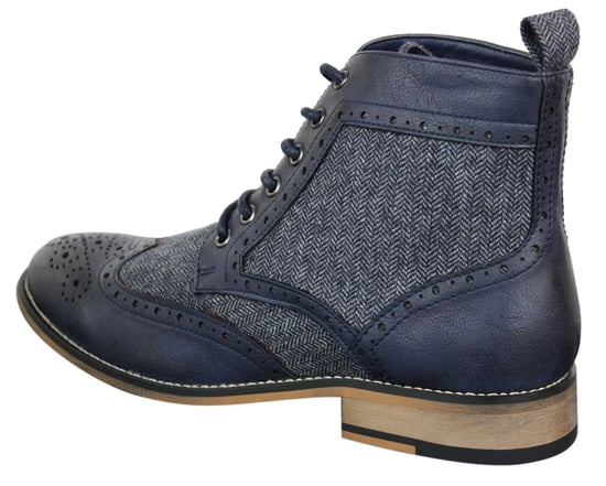 Mens Classic Tweed Oxford Ankle Boots in Navy Leather