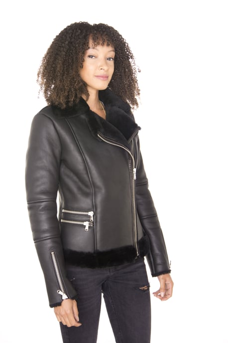 Womens Black Shearling Sheepskin Aviator Jacket-Kiev