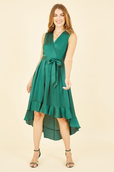 Mela Green Satin Dipped Hem Wrap Over Midi Dress