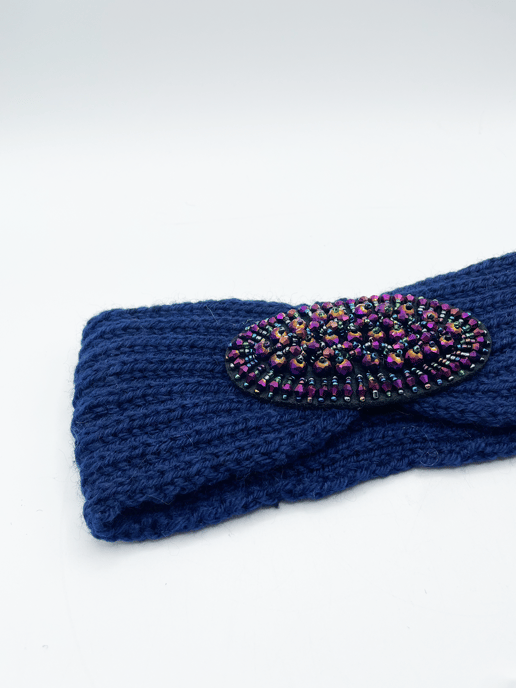 Navy Knitted Headband With Purple Jewel Detail