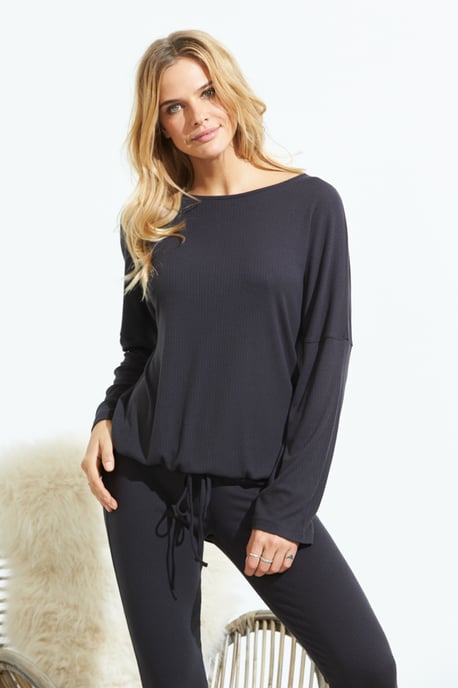 Slate Grey Rib Drawstring Loungewear Top