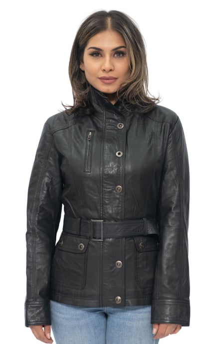 Womens Military Style Leather Biker Jacket-Phoenix
