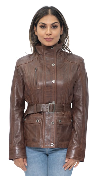Womens Military Style Leather Biker Jacket-Phoenix