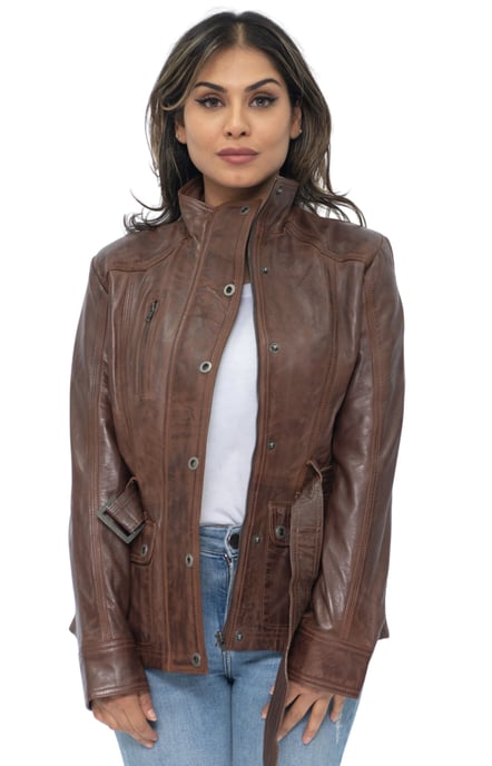 Womens Military Style Leather Biker Jacket-Phoenix