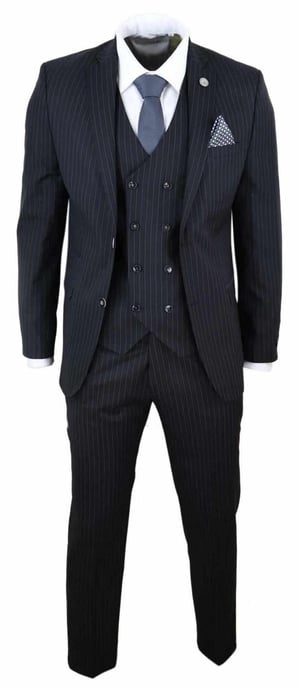 Traje retro de tres piezas de raya diplomática negra para hombre - Image 2