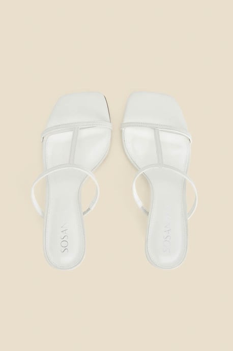 White Leather Square Toe Strappy Wedged Mules
