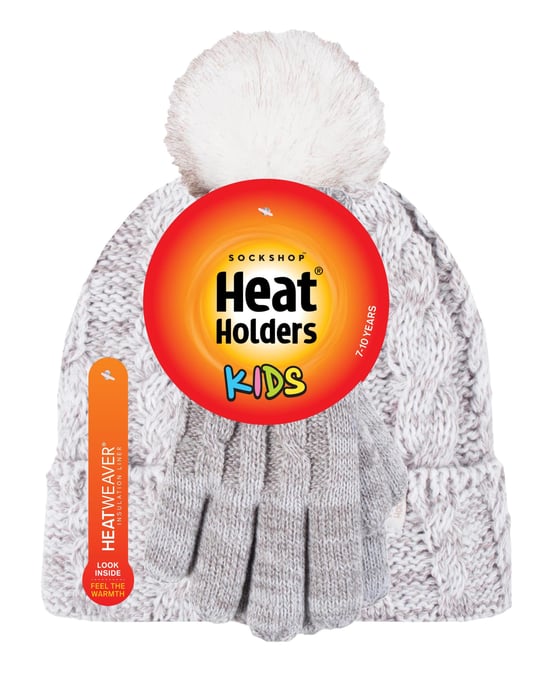 Heat Holders - Set de gorro y guantes para niña - Gorro con puño vuelto y guantes de punto estilo cable - Oatmeal Twist - Image 2