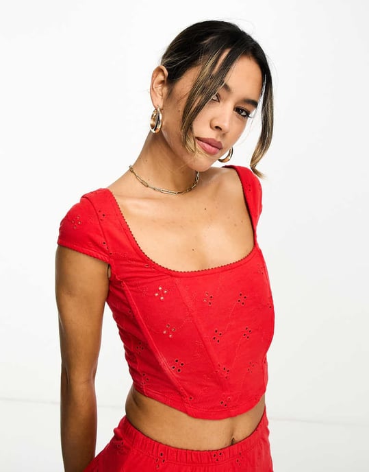 ASOS DESIGN broderie bone corset top in red