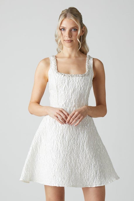 Jacquard Full Skirted Mini Dress With Jewel Trim