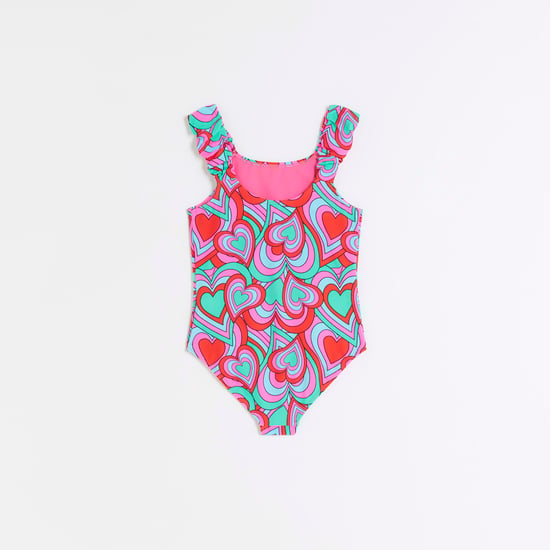 River Island Girls Swimsuit Green Heart Print Frill