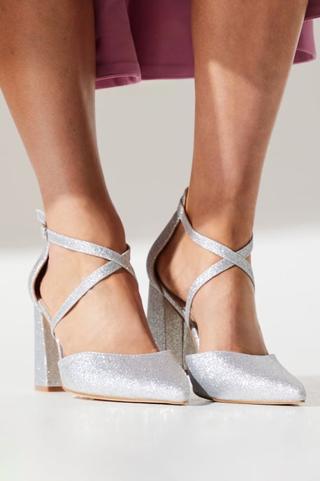 Wide Fit Treat Glittter Cross Strap Pointed Block Heel Court Shoes - Image 1