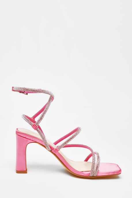 Pink Diamante Strappy Block Heeled Sandals