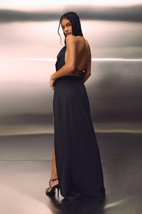 Playboy Slinky Hooded Plunge Maxi Dress