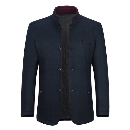 Men's Short Slim Fit Coat with Stand-Up Collar Business Casual Wool Overcoat Blue - Image 1