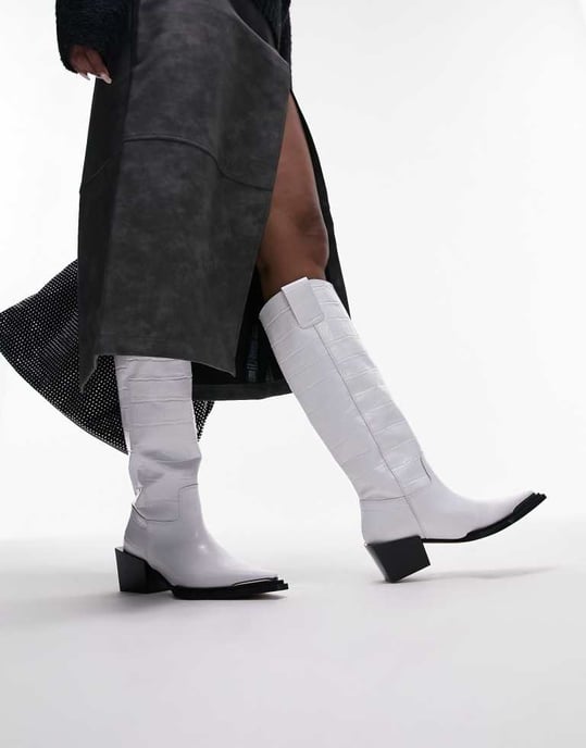 Topshop Rio leather western style knee high boot in white croc