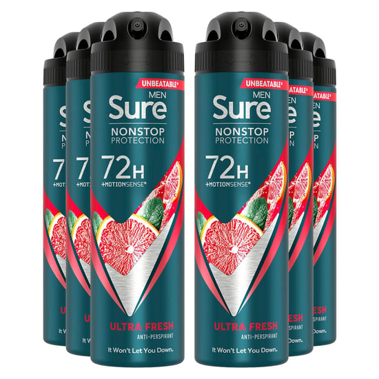 Sure Men Nonstop Protection 72H Anti-Perspirant Deodorant Ultra Fresh 150ml, 6pk