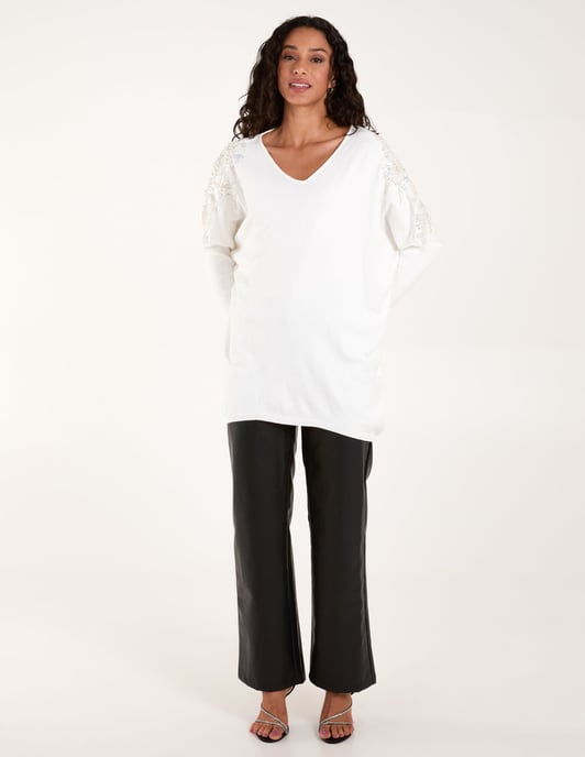 Embellished Shoulder V Neck Jumper