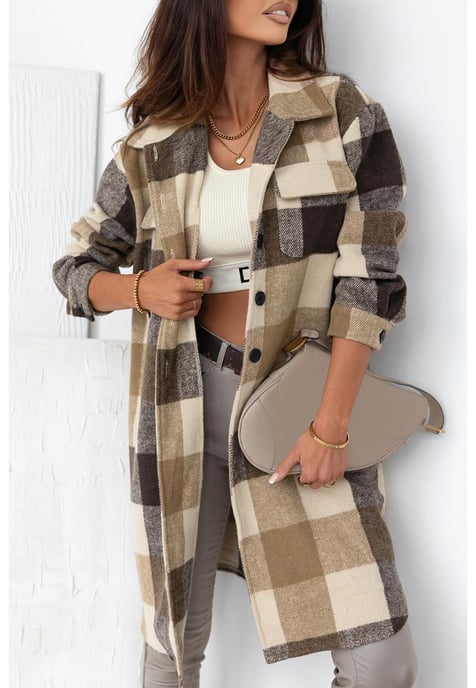 Azura Exchange Women's Plaid Button-Down Long Shacket in Khaki - Image 2