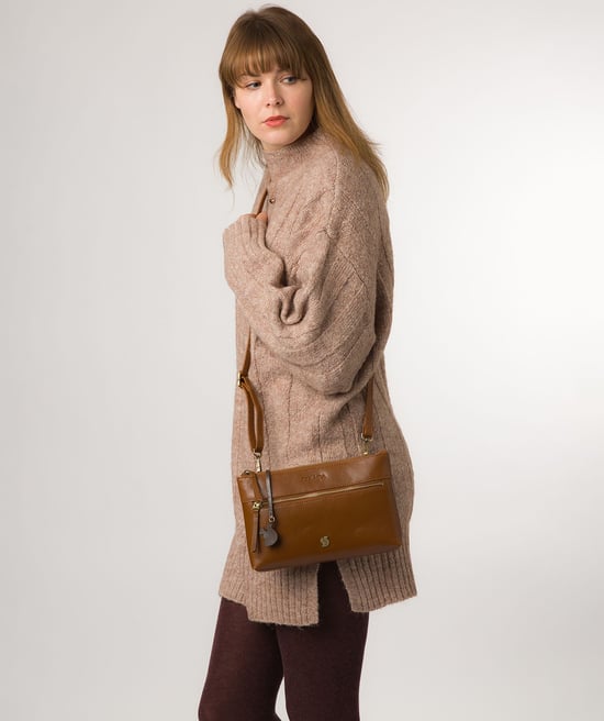 'Minnow' Dark Tan Leather Cross Body Clutch Bag