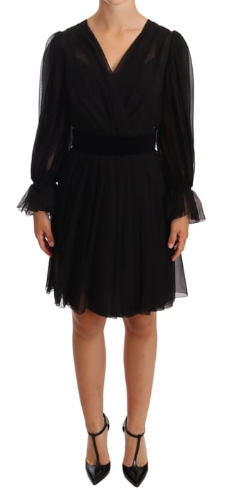 Vestido corto de seda elástica con pliegues de malla negra para mujer de Dolce & Gabbana - Image 1