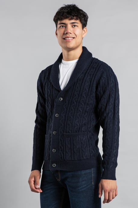 Dark Navy Shawl Neck Cable Knit Cardigan
