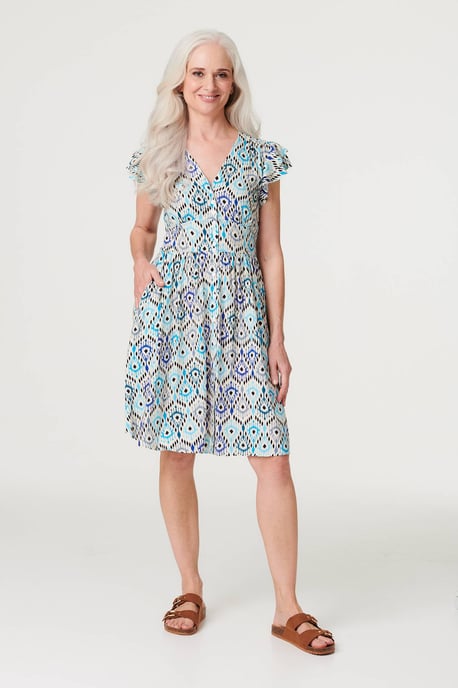 Green Printed Frill Sleeve Short Dress