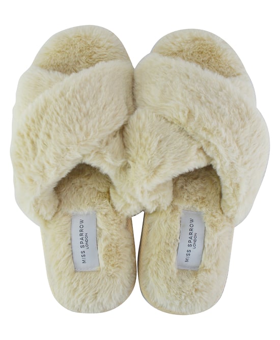 Miss Sparrow - Womens Open Toe Bedroom House Slippers with Back | Soft Fluffy Plush Cozy Anti-Slip Crossover Sliders - Cream - Image 2