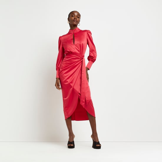 River Island Womens Wrap Midi Dress Red Cut Out Long Sleeve