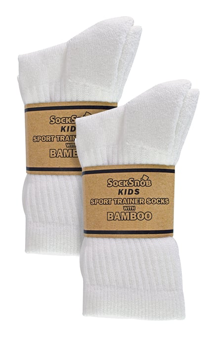 6 Pares Multipack Calcetines Deportivos Bambú Niños | Sock Snob | Transpirable Crew Niños Blanco PE Calcetines - Blanco - Image 2