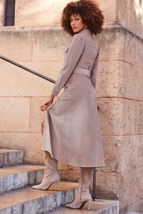 Taupe Corduroy Belted Midi Shirt Dress With Pocket Detail