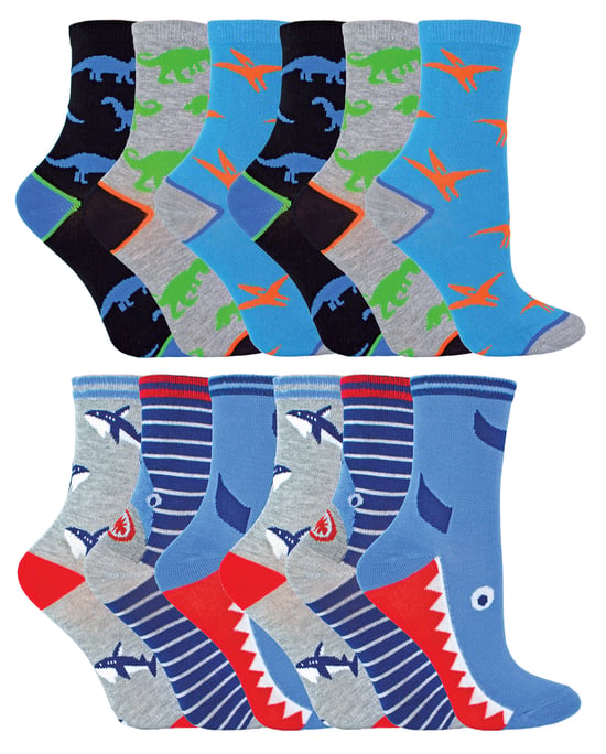 Paquete múltiple de 12 pares de calcetines de bambú para niños | Snob | Calcetines transpirables de corte bajo con divertidos diseños - Pack 1 (Tiburones y Dinosaurios) - Image 1