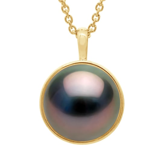 Necklace Beaded Pendant Yellow Gold Surroundings covered with Diamonds - Real Cultured Tahiti Pearl Round 10-11 mm