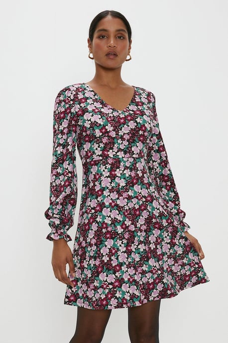 Floral Long Sleeve V Neck Mini Dress - Image 1