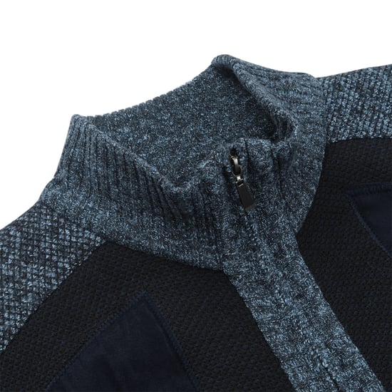 Men's Cardigan with Zip Stand-Up Collar Cardigan Chunky Knit Lined Jumper for Winter Navy