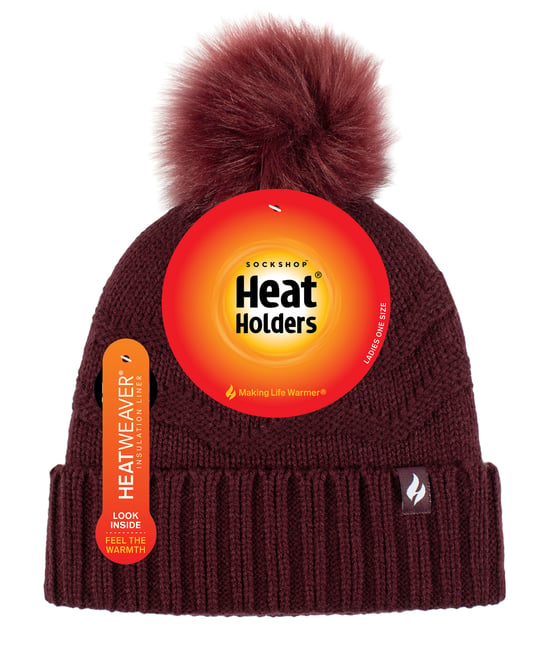 Sombrero de invierno de la gorrita de la piel de las señoras | Calentadores | Zigzag Patterned Pom Pom Hat | Womens Thermal Cuff Bobble Hat - Vino - Image 2