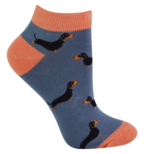 Calcetines de Bambú para Mujer | Miss Sparrow | Calcetines Bajos Transpirables para Mujer - Perros Salchicha (Azul) - Image 1