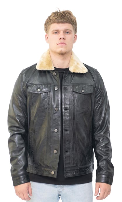 Mens Removable Collar Leather Trucker Jacket-Zagreb