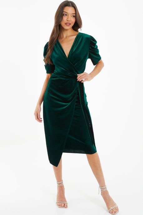Bottle Green Velvet Wrap Midi Dress