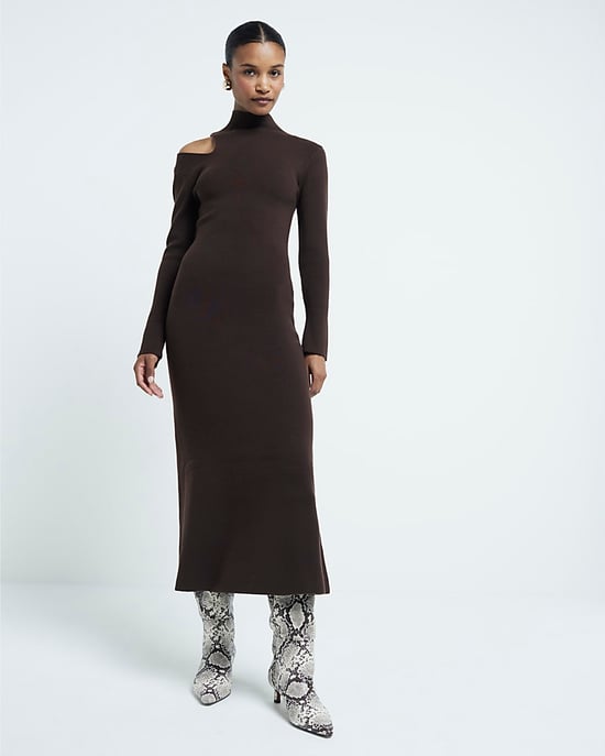 River Island Womens Midi Dress Brown Long Sleeve Cut Out