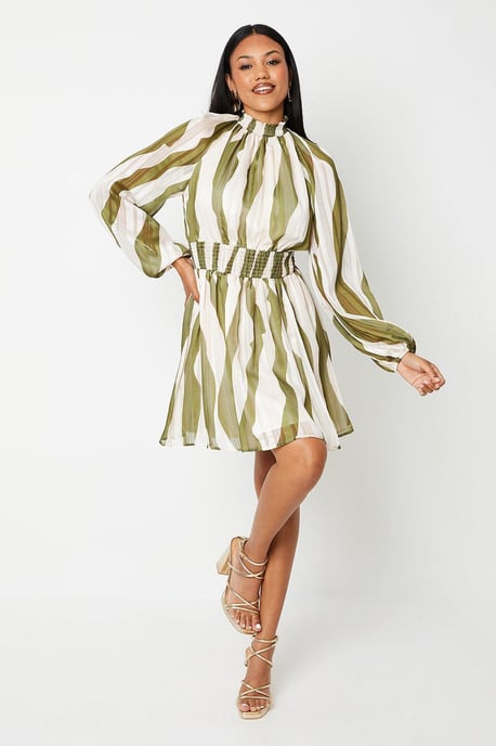 Printed High Neck Blouson Sleeve Mini Dress - Image 1