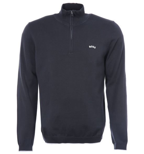BOSS Zallo Curved Logo Organic Cotton Quarter Zip Jumper - Dark Blue