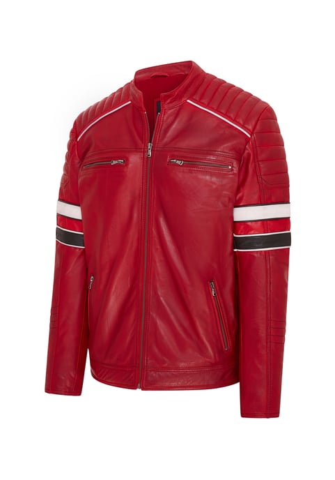 Mens Red Quilted Leather Biker Racing Jacket- Brevik