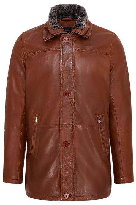Mens Tan Mid-Length Warm Leather Trench Coat - Varkaus