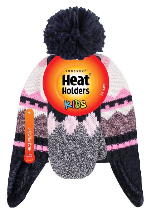 Heat Holders - Sombrero Trapper de Diseño Fairisle con Patrón Nórdico para Niñas con Pom Pom y Set de Guantes - Negro - Image 2