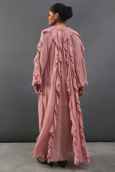 Chiffon Ruffle Blouson Sleeve Maxi Dress
