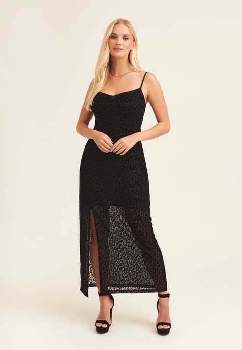 BLACK ANIMAL COWL MIDI DRESS